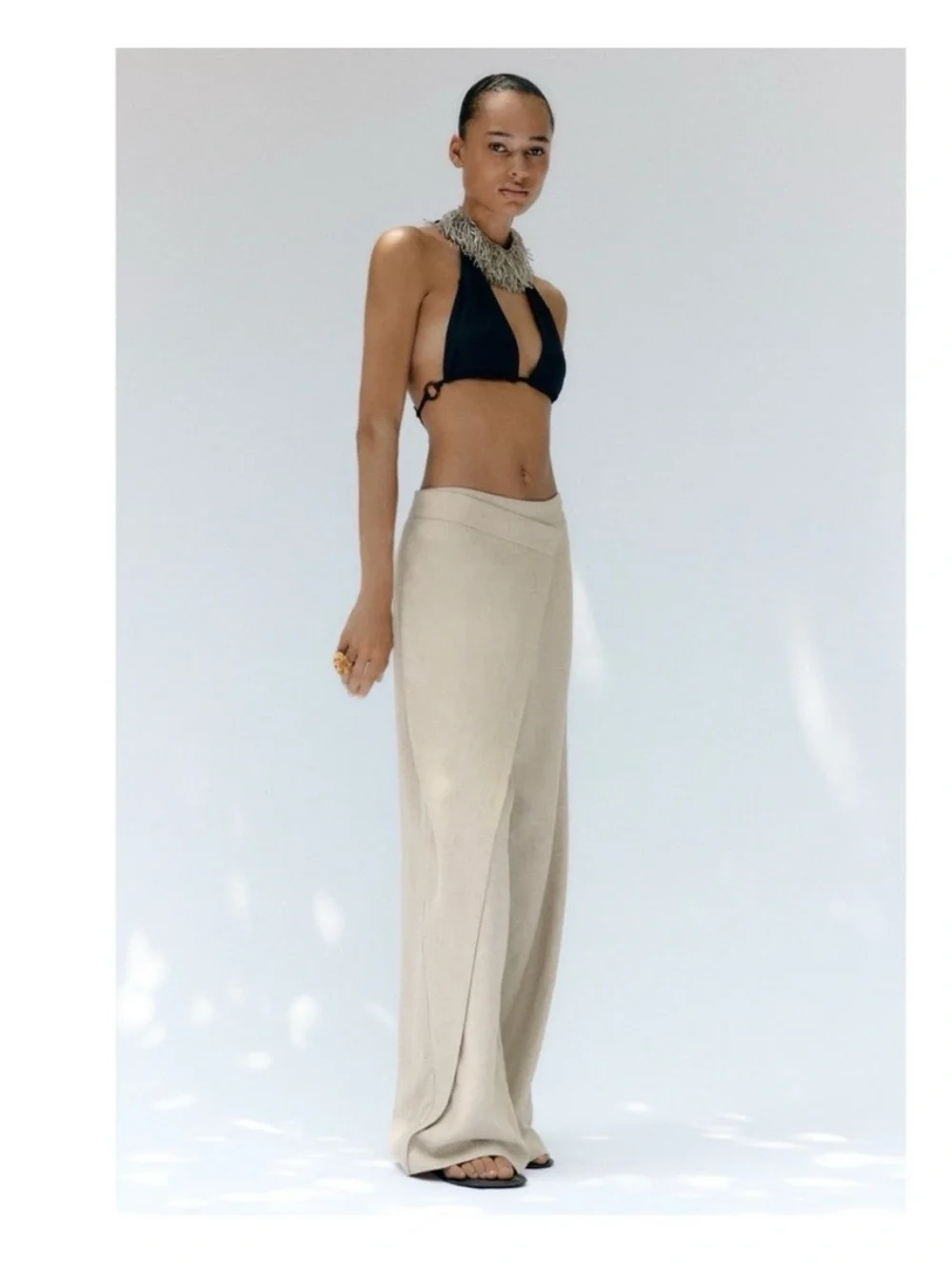Zara Pareo Wrap-Front Wide Leg Linen Pants in Light Beige